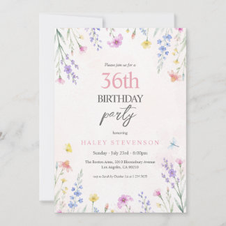 Aquarell-Wildblumen-Pastell-Blumen 36. Geburtstag Einladung