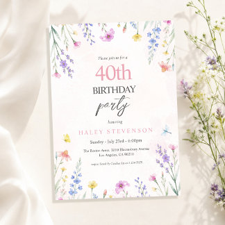 Aquarell-Wildblumen-Pastell-Blumen 40. Geburtstag Einladung