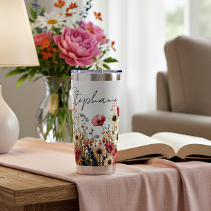 Aquarell-Wildblumen personalisiert Thermobecher