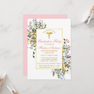 Aquarell-Wildblumen Rosa Gold Krankenschwester Abs Einladung
