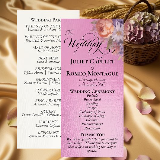 Aquarell-Wildblumen - Rosarote Hochzeit Programm