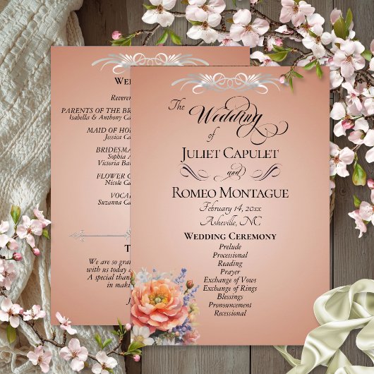 Aquarell-Wildblumen - Rosen-Gold-Hochzeit Programm
