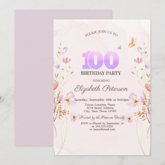 Aquarell-Wildblumen-Schmetterling 100. Geburtstag Einladung