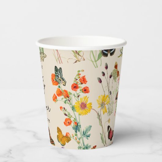 Aquarell Wildblumen Schmetterlinge Kinderdusche Pappbecher (Rückseite)