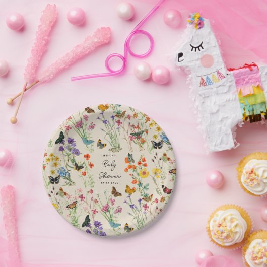 Aquarell Wildblumen Schmetterlinge Kinderdusche Pappteller (Party)