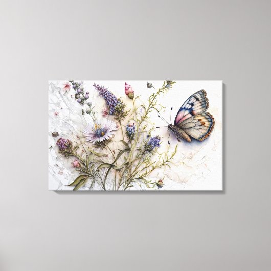 Aquarell-Wildblumen und Butterfly-Leinwand Leinwanddruck (Vorderseite)