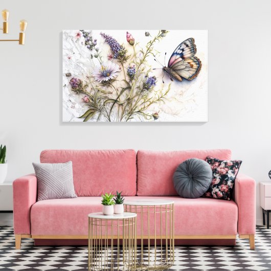 Aquarell-Wildblumen und Butterfly-Leinwand Leinwanddruck (Insitu (Wohnzimmer))