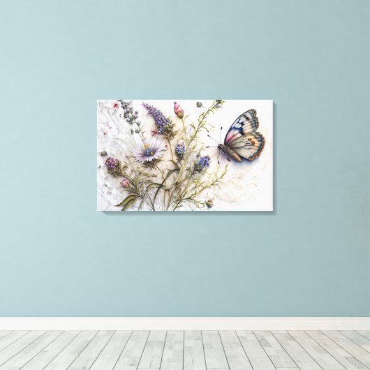 Aquarell-Wildblumen und Butterfly-Leinwand Leinwanddruck (Insitu (Holzboden))
