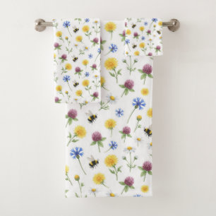 Aquarell-Wildblumen und Honigbienen Badhandtuch Set