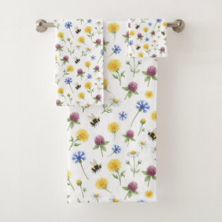 Aquarell-Wildblumen und Honigbienen Badhandtuch Set