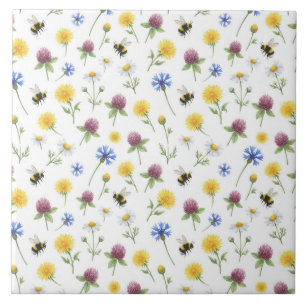 Aquarell-Wildblumen und Honigbienen  Fliese