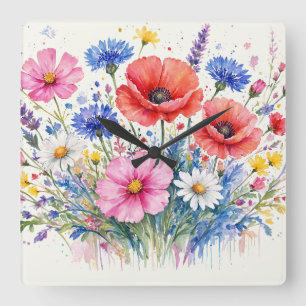 Aquarell-Wildblumen-Wiesen-Sträußchen-Blumenkunst  Quadratische Wanduhr