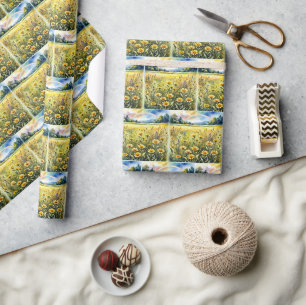 Aquarell-Wildblumenfeld mit Regenbogen Geschenkpapier