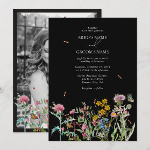 Aquarell-Wildblumengarten-Boho-schwarze Hochzeit Einladung