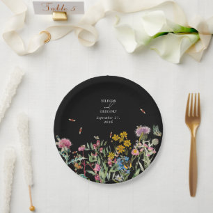 Aquarell-Wildblumengarten-Hochzeit Schwarz Boho Pappteller