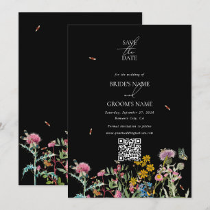 Aquarell-Wildblumengarten-Hochzeit Schwarz Boho Save The Date