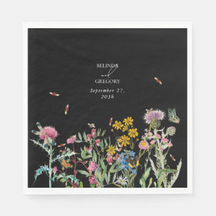 Aquarell-Wildblumengarten-Hochzeit Schwarz Boho Serviette