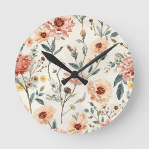 Aquarell-Wildblumengarten Pfirsich- und Salbeiblum Runde Wanduhr