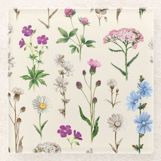 Aquarell-Wildblumenmuster. Glasuntersetzer (Vorderseite)