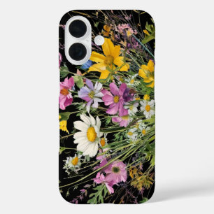 Aquarell-Wildblumenstrauß auf schwarzem Hintergrun iPhone 16 Hülle
