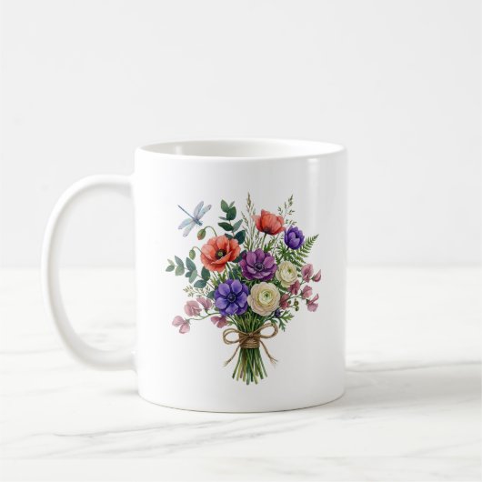 Aquarell-Wildblumenstrauß-Libellen-Tasse Kaffeetasse (Links)