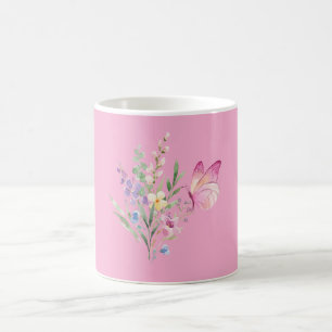 Aquarell-Wildblumenstrauß mit rosa Schmetterling Kaffeetasse