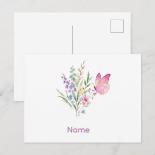 Aquarell-Wildblumenstrauß mit rosa Schmetterling Postkarte