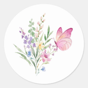 Aquarell-Wildblumenstrauß mit rosa Schmetterling Runder Aufkleber