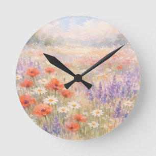 Aquarell-Wildblumenwiesen-Szene Runde Wanduhr