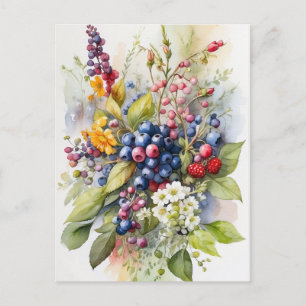Aquarell wilde Beeren und Blumen Natur  Postkarte