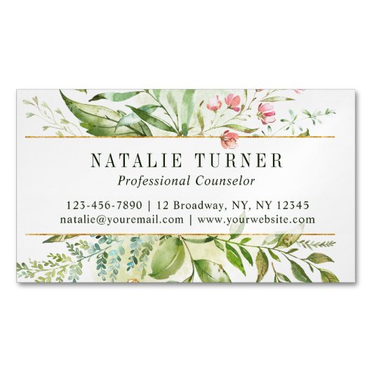 Aquarell Wilde florale Grünfolien Magnetische Visitenkarte (Vorderseite)