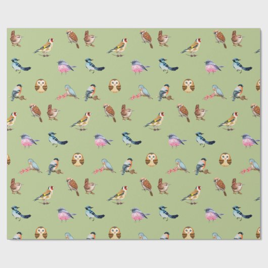 Aquarell Wilde Waldvögel Grün Geschenkpapier (Flach)