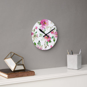 Aquarell-Wildrosen-Muster Runde Wanduhr