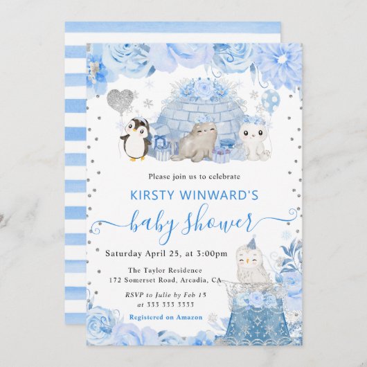 Aquarell Winter Arctic Animals Babydusche Einladung (Vorne/Hinten)
