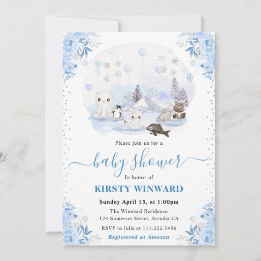 Aquarell Winter Arctic Animals Babydusche Einladung (Vorderseite)