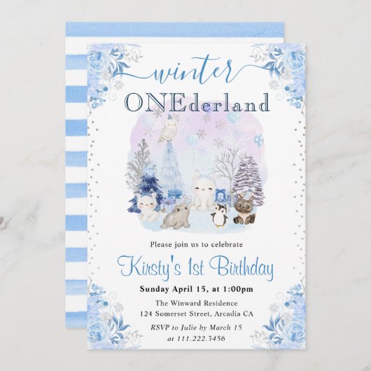 Aquarell Winter Arktische Tiere 1. Geburtstag Einladung (Vorne/Hinten)