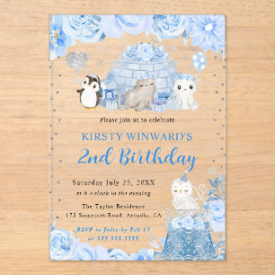 Aquarell Winter Arktische Tiere Kinder Geburtstag Acryleinladungen