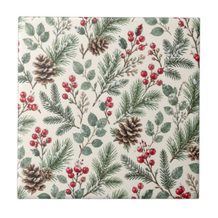 Aquarell-Winter-Botanik Kiefer und Beeren Fliese