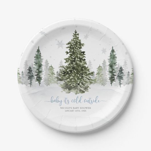 Aquarell Winter Forest Blue Baby Dusche Pappteller (Vorderseite)