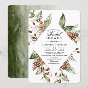 Aquarell-Winter-Grün-Tanne & Tannenzapfen Einladung