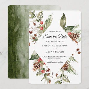 Aquarell Winter Grüne Kiefer & Kiefernzapfen Save The Date