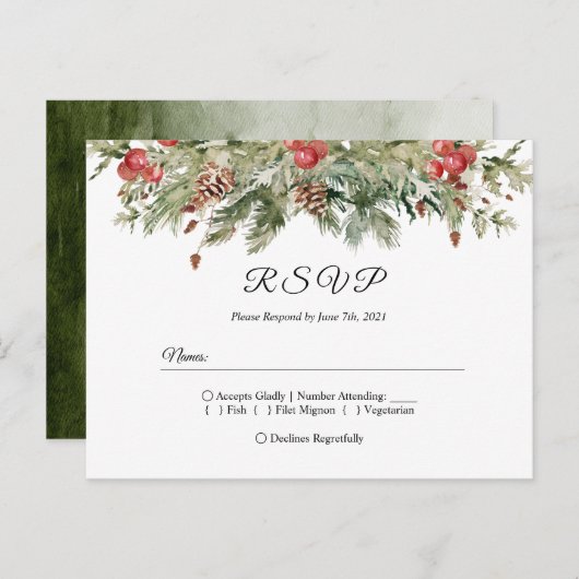 Aquarell Winter Grüne Kiefernwälder und Kiefernkon Einladungspostkarte (Vorne/Hinten)