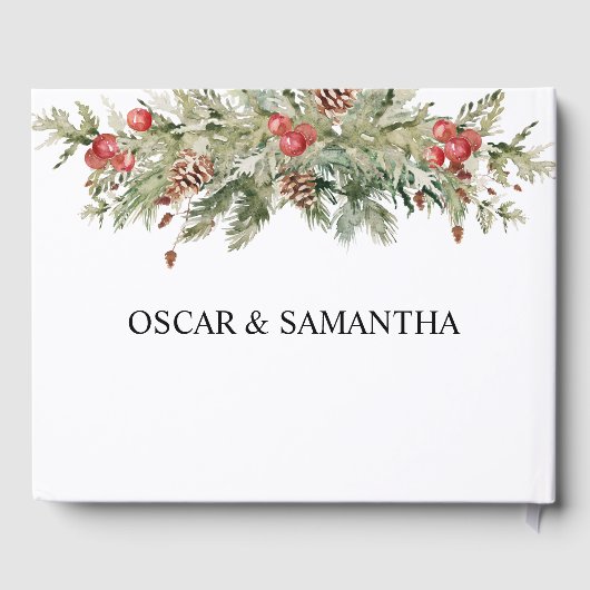 Aquarell Winter Grüne Kiefernwälder und Kiefernkon Gästebuch (Rückseite)