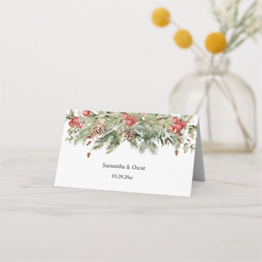 Aquarell Winter Grüne Kiefernwälder und Kiefernkon Platzkarte (Rückseite)