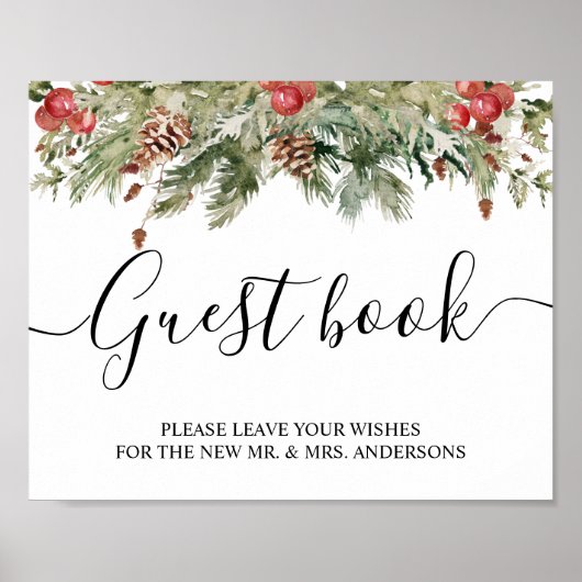 Aquarell Winter Grüne Kiefernwälder und Kiefernkon Poster (Vorne)