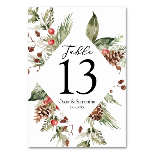 Aquarell Winter Grüne Kiefernwälder und Kiefernkon Tischnummer (Rückseite)