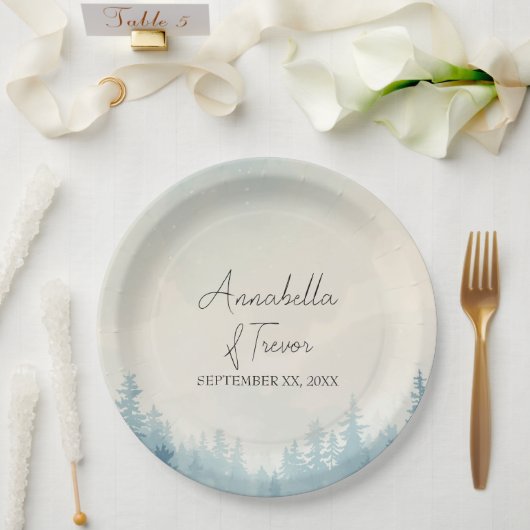 Aquarell-Winter-Kiefernwald-Individueller Name Pappteller (Hochzeit)