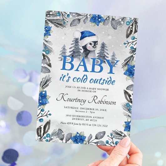Aquarell Winter Penguin Blue Baby Dusche Einladung