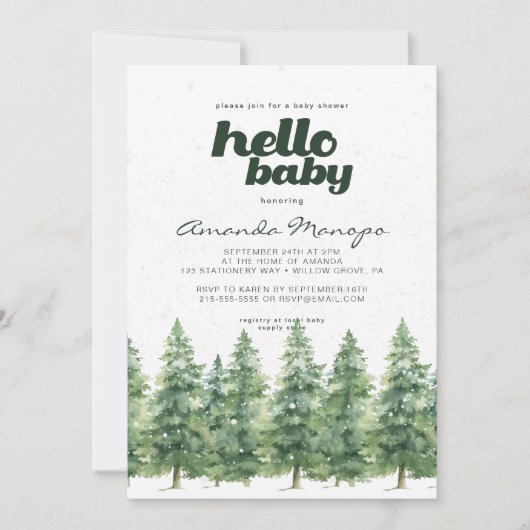 Aquarell Winter Pine Trees Schneeballdusche Einladung (Vorderseite)