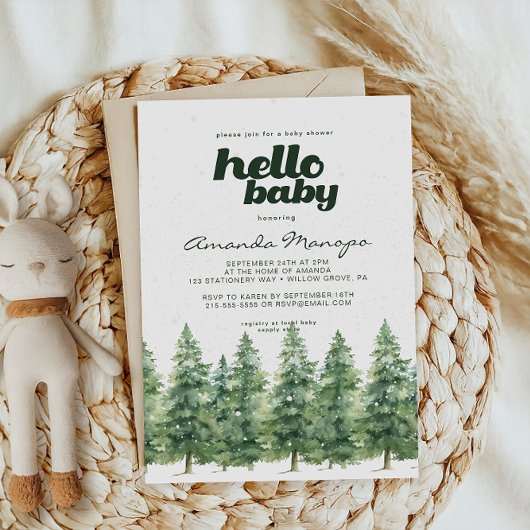 Aquarell Winter Pine Trees Schneeballdusche Einladung